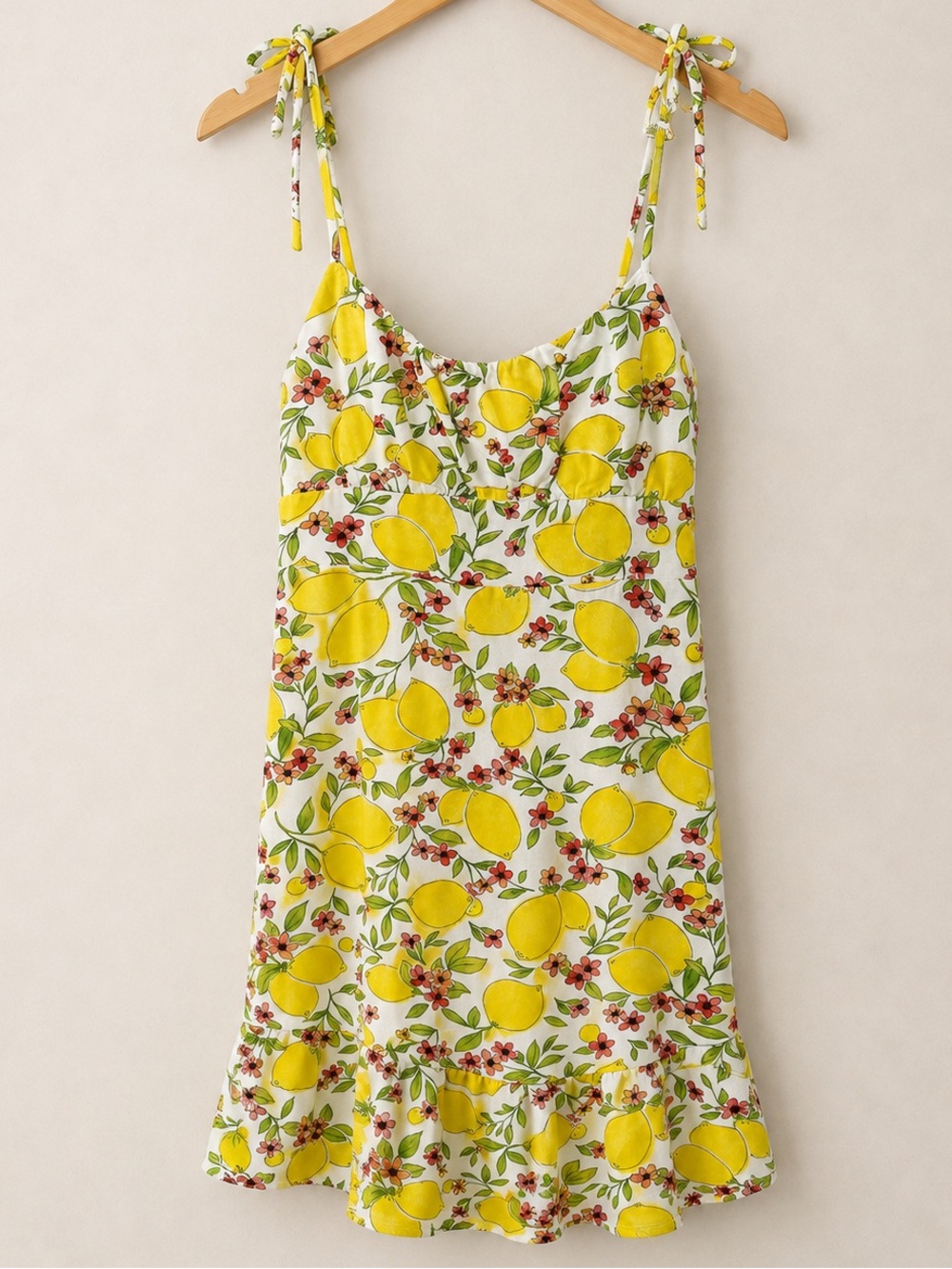 Monteau Yellow Lemon-Print Tie-Shoulder Linen Dress / Sundress / FITS SIZE SMALL